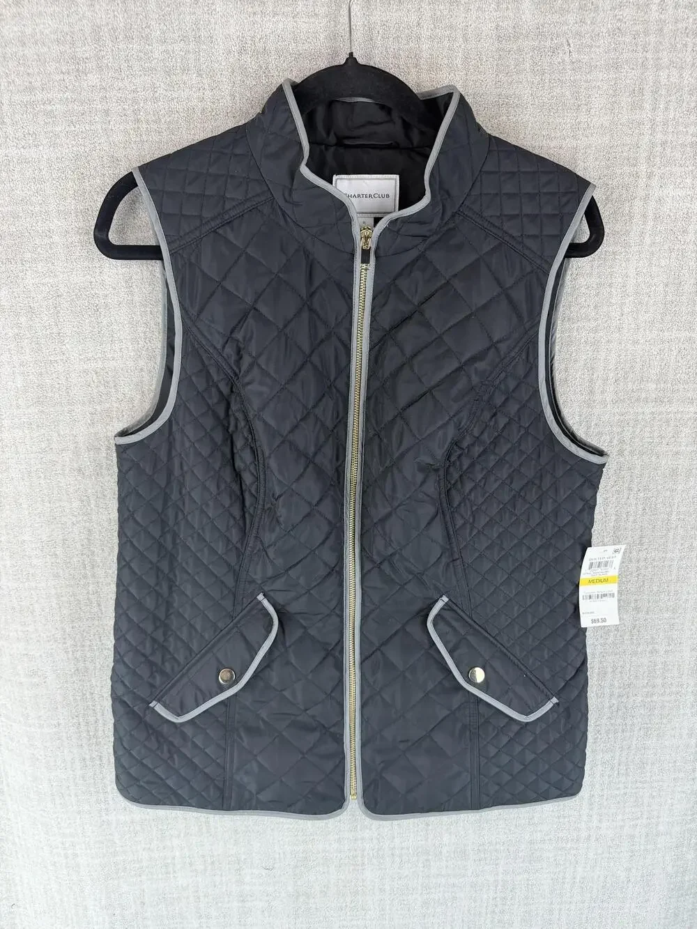 Charter Club Vest Womens M Black Quilted Collared Lined Full Zip Pockets